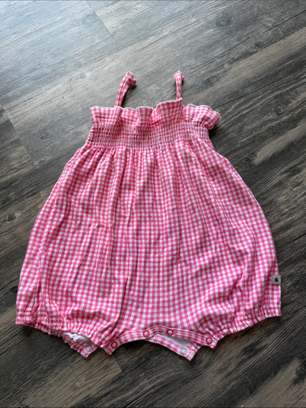 Petit Bateau 100% cotton pink gingham smocked baby romper 6months